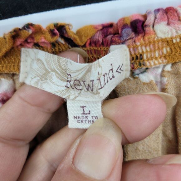 Vintage Rewind Peasant Blouse L Mustard Floral Off Shoulder Crop Button Tie Puff - Picture 10 of 14